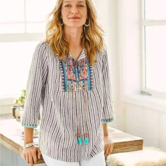 J. Jill Tops - J. Jill Love Linen Striped Embroidered Boho Tunic Top with Tassels L